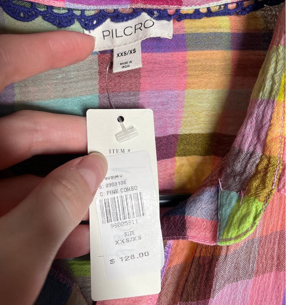 NEW Pilcro Mixed Madras Plaid Oversized Shirt XXS/XS Long Sleeve Button-Down - Picture 9 of 10